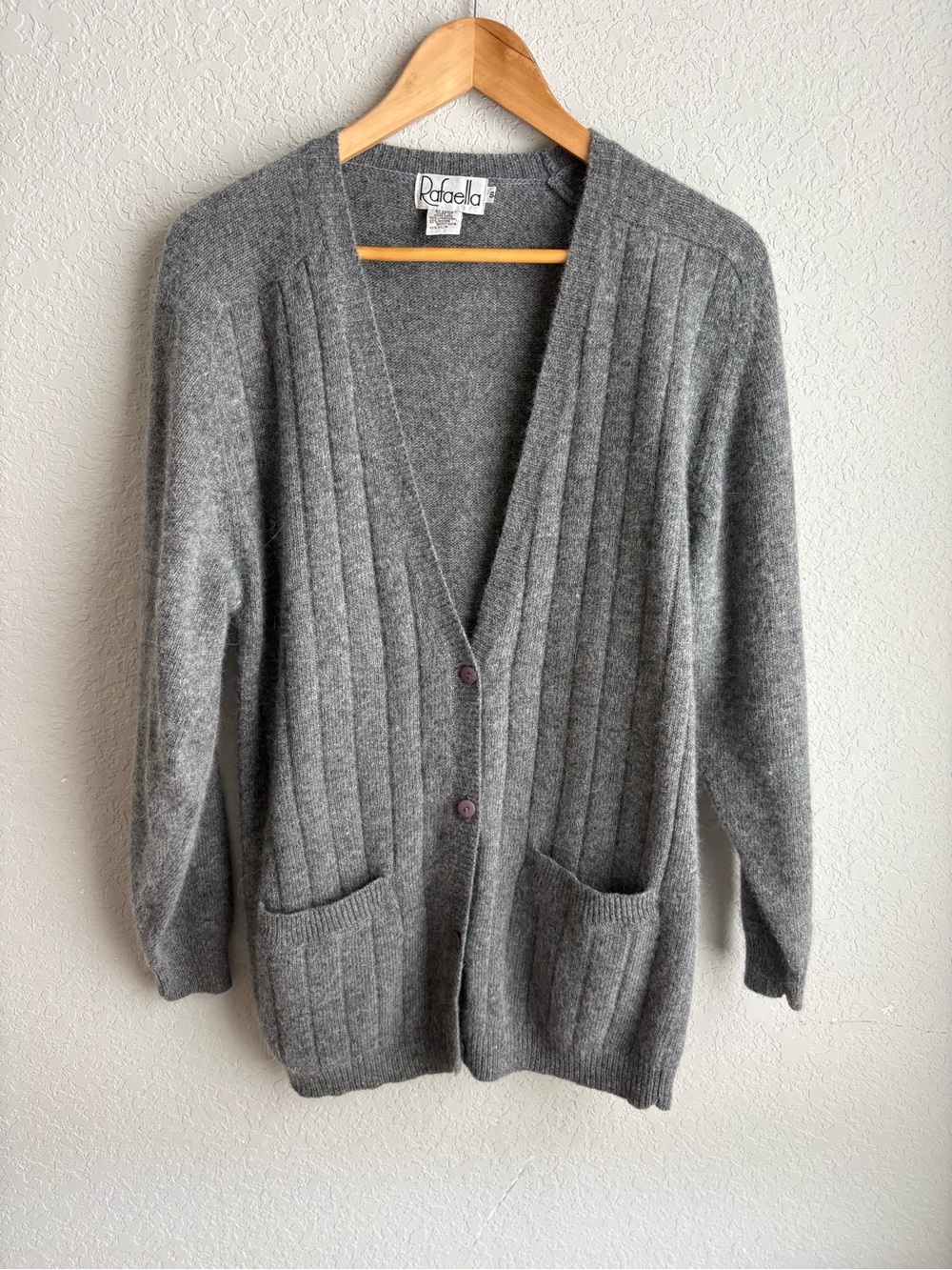 Vintage Rafaella Gray Angora Lambswool Cardigan Soft Button Front Pocket Sweater